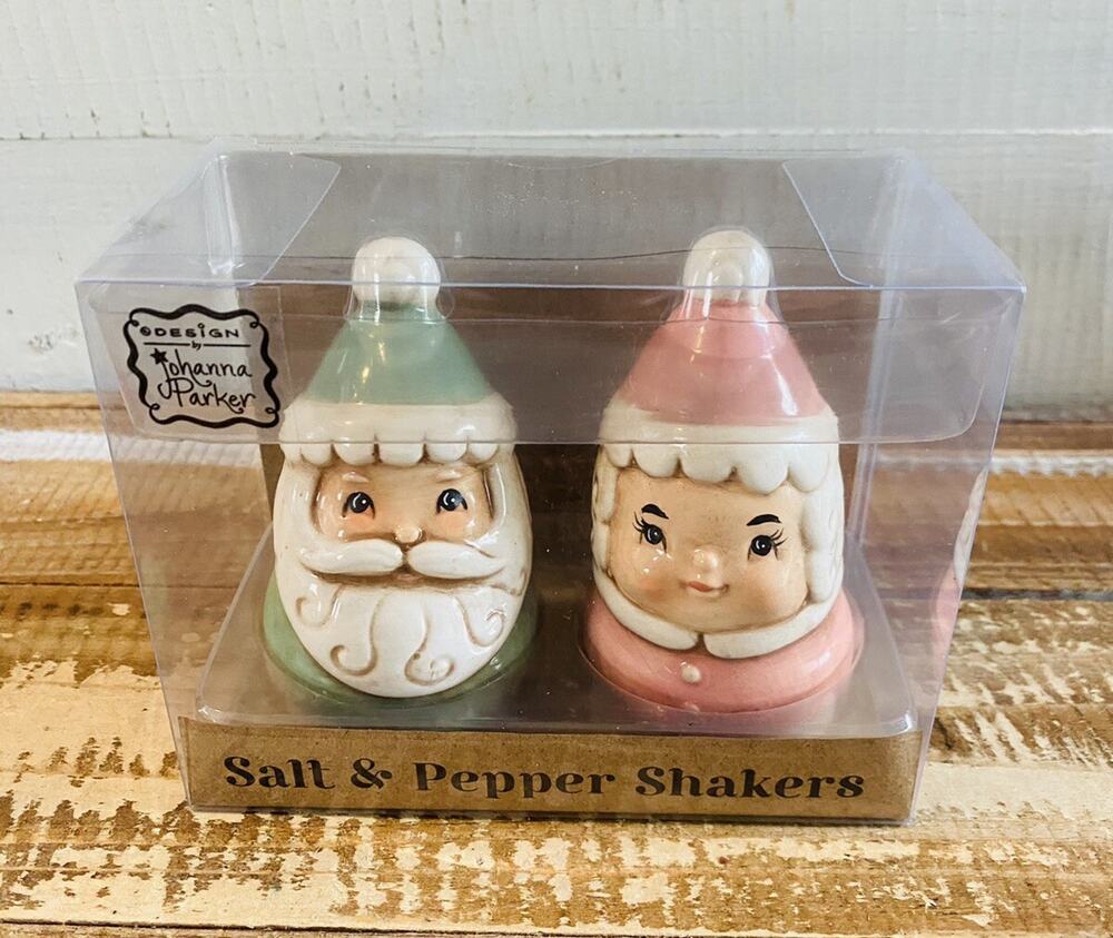 New Johanna Parker Santa Mrs Claus Salt Pepper Shakers Pastel Christmas Box